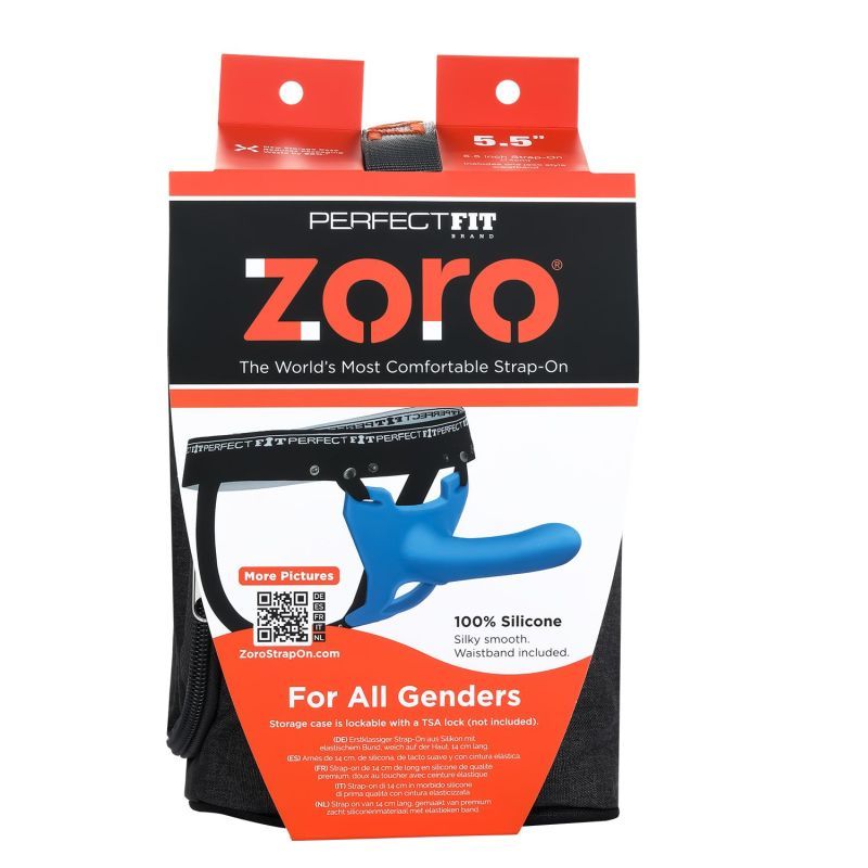 Zoro Strap-On 5.5in Blue, a strap-on dildo with elasticized waistband, featuring a one-piece body-contoured design.