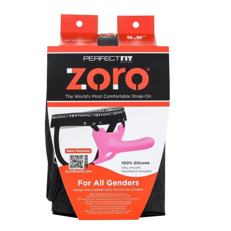 Zoro strap-on dildo packaging showcasing 5.5in pink design, features 100% silicone and includes elasticized waistband.