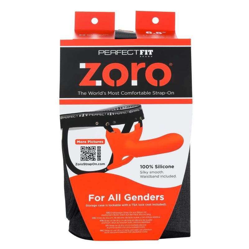 Zoro Strap-On 6.5in orange packaging featuring a strap-on dildo with elastic waistband for comfort and control.