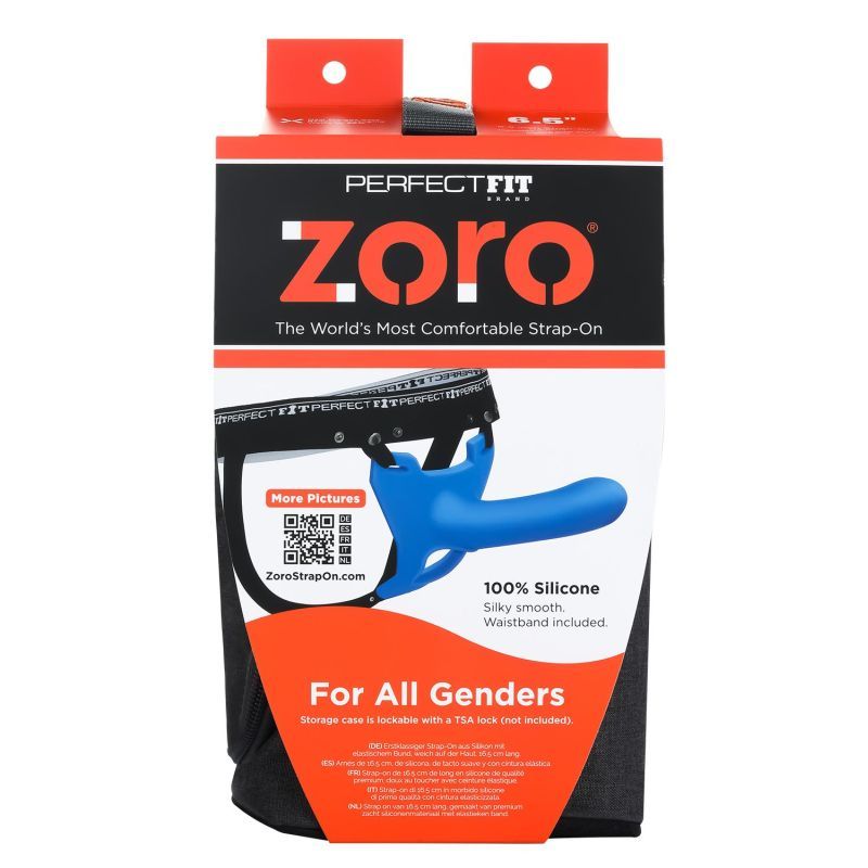 Zoro Strap-On 6.5in Blue packaging highlighting strap-on dildo with elastic waistband.