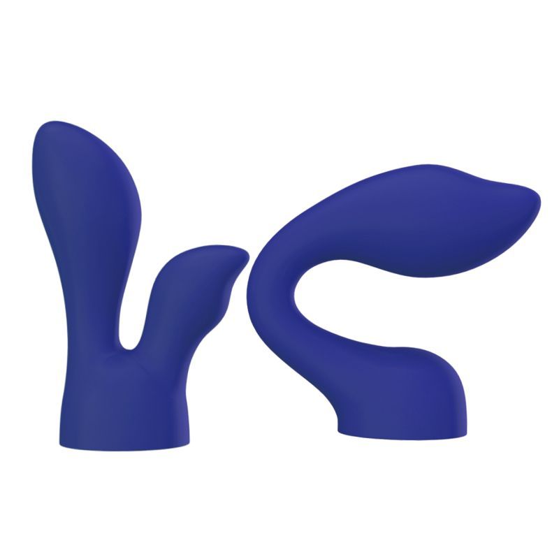 Two PalmSensual massager heads in blue silicone, designed for versatility with PalmPower wand.