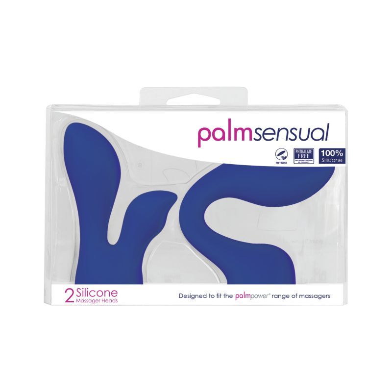 PalmSensual massager heads in blue packaging, designed for use with PalmPower massagers, featuring 100% silicone material.