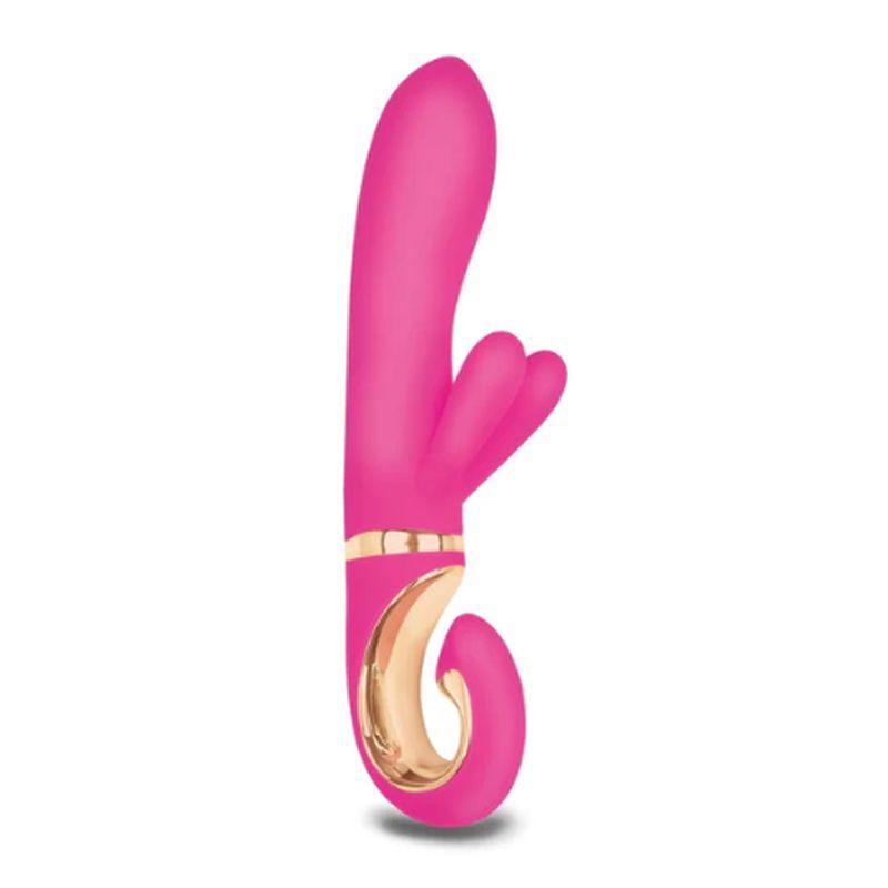 G-spot vibrator with dual stimulation in vibrant pink color, featuring motors for G-spot and clitoral delight.