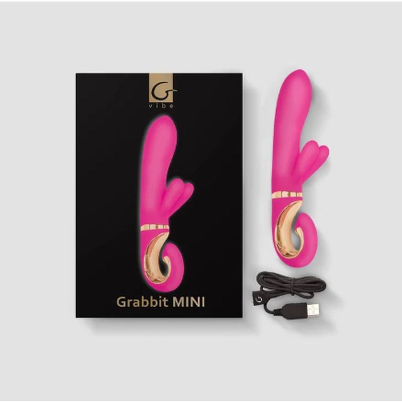 Grabbit MINI vibrator with box and charger, a G-spot vibrator with dual stimulation for enhanced pleasure.