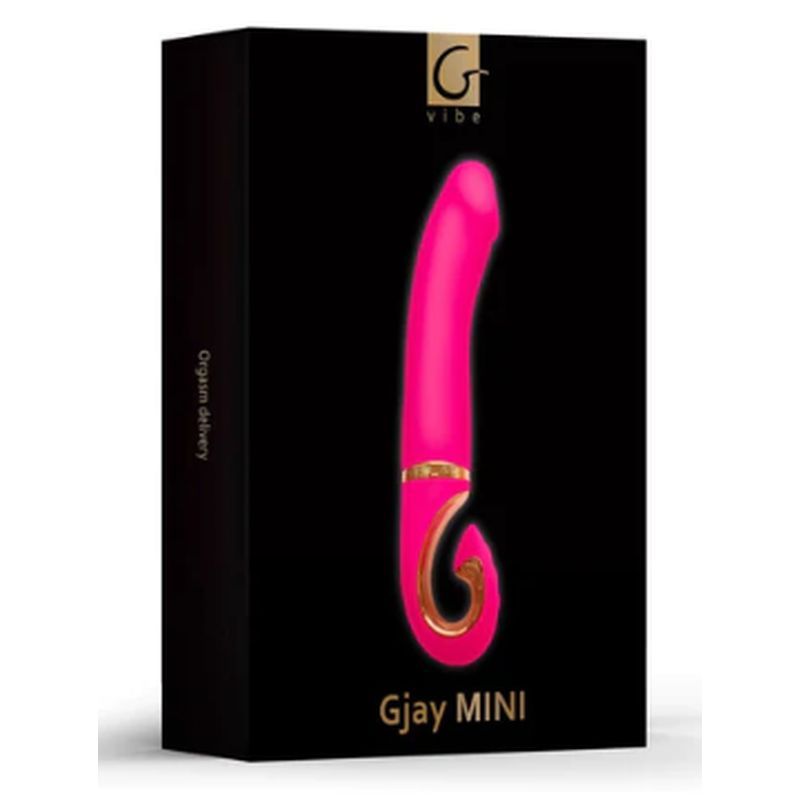 G-Jay mini vaginal vibrator packaging with a vibrant pink design against a black background.