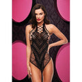 Black fishnet bodysuit featuring a high neck halter and Brazilian thong back, adorned with sparkles.