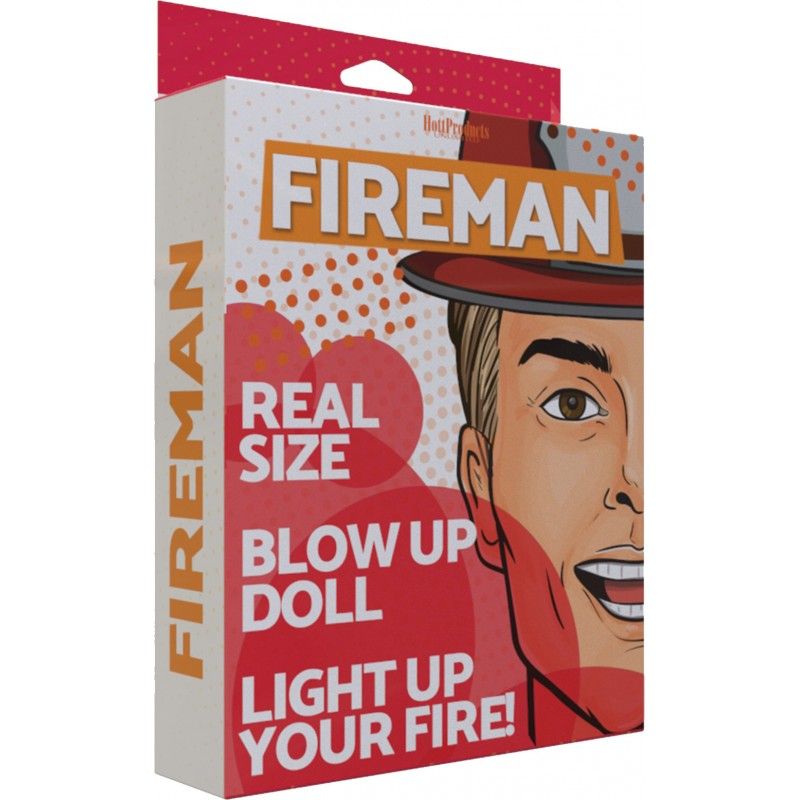 Fireman Inflatable Doll packaging featuring vibrant graphics, highlighting real size and fun tagline.
