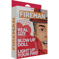 Fireman Inflatable Doll packaging featuring vibrant graphics, highlighting real size and fun tagline.