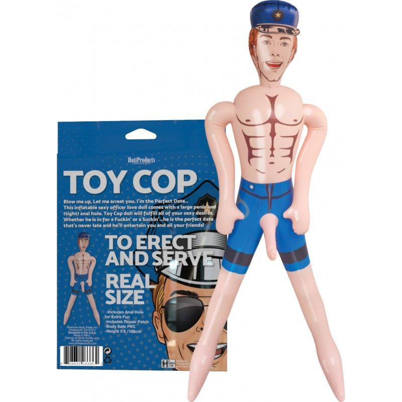 inflatable sexy cop doll displayed with packaging, featuring a shirtless figure in a police uniform, perfect for fun.