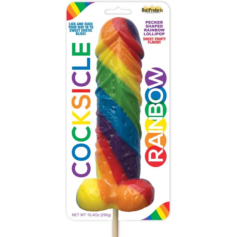 Rainbow Cocksicle Lollipop featuring a colorful pecker-shaped candy with a fruity flavor.