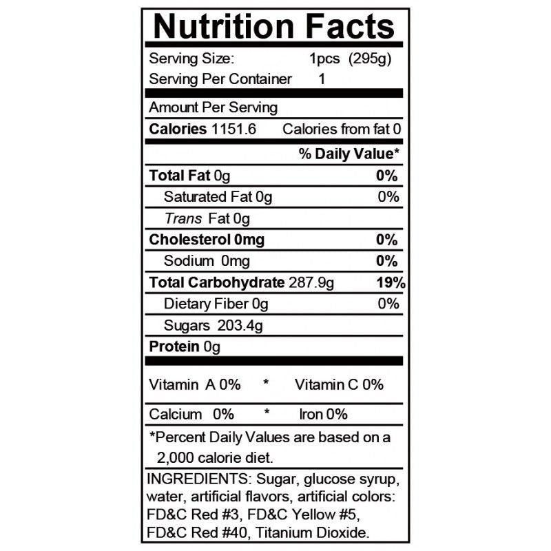 Nutrition facts label showing serving size, calories, and ingredients for a candy product.