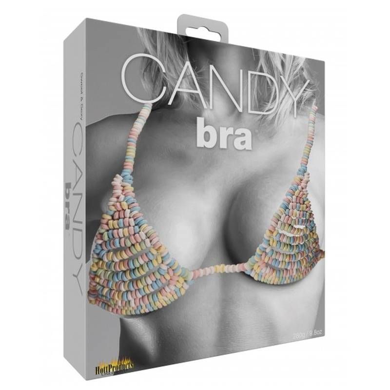 Edible candy bra packaging showcasing a colorful multi-flavored candy design.