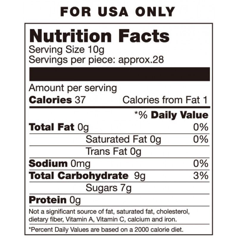 Nutrition facts for the edible candy bra, detailing calories, fats, sugars, and serving size information.
