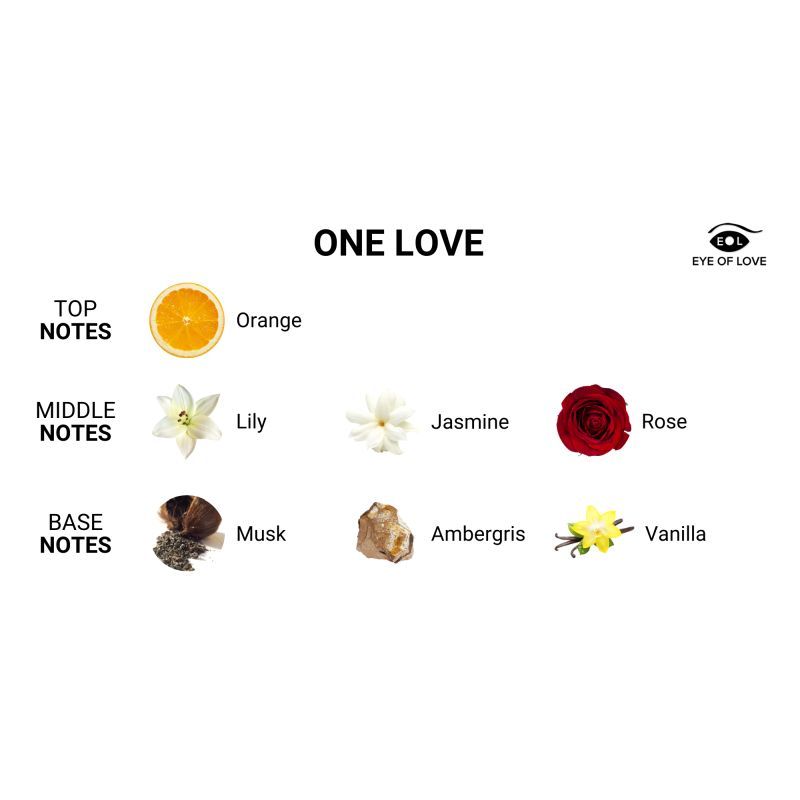 One Love Pheromone Body Spray One Love Attract Him 50ml fragrance notes chart with orange, lily, jasmine, rose, musk, ambergris, and vanilla.