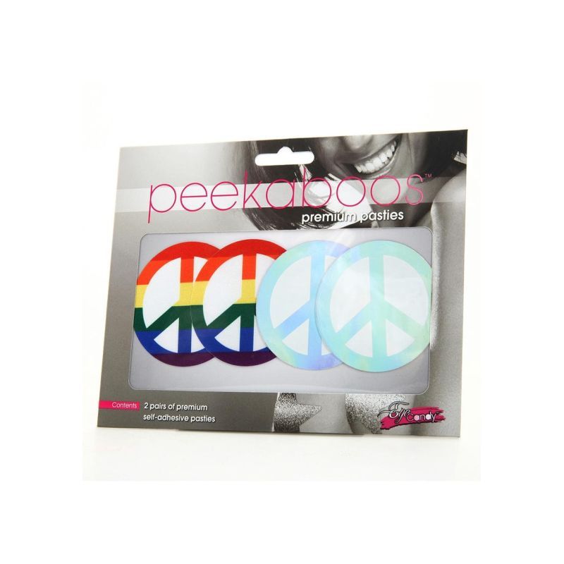 Pride peace sign pasties by Peekaboos, featuring colorful peace sign designs in a stylish package.