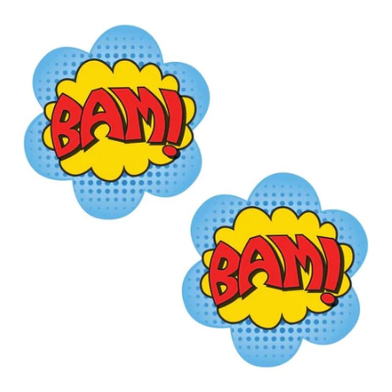 BAM! comic book pasties in a colorful onomatopoeia design, perfect for parties and festivals.