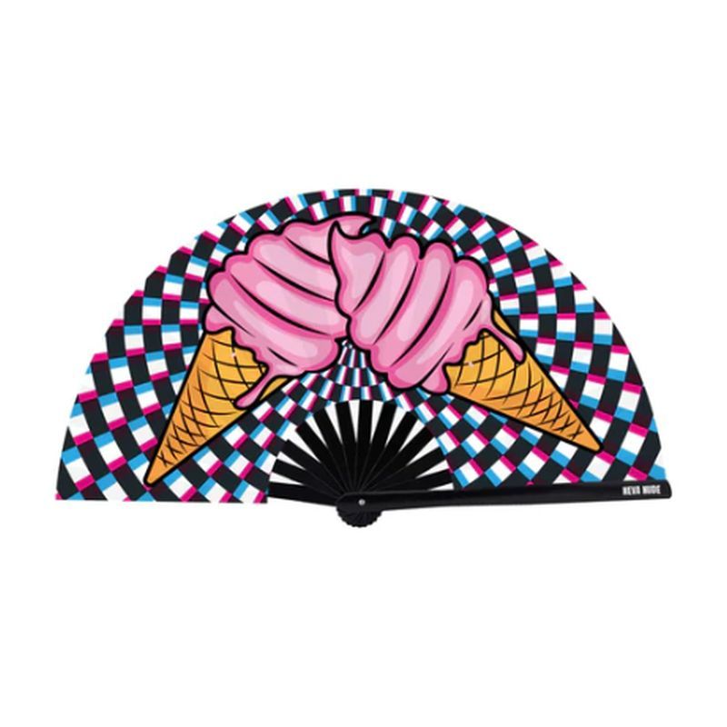 Ice cream folding fan featuring colorful 3D ice cream cones on a checkered background.