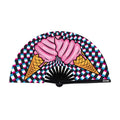 Ice cream folding fan featuring colorful 3D ice cream cones on a checkered background.