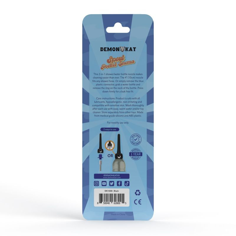 Back packaging of Spout Pocket Enema, showcasing its multi-use design and silicone enema features.