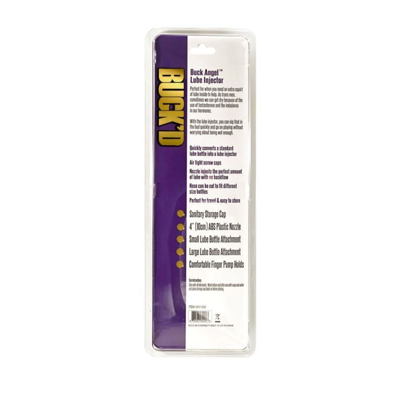 Spout Silicone Lube Injector packaging with instructions for use and features of the lube injector.