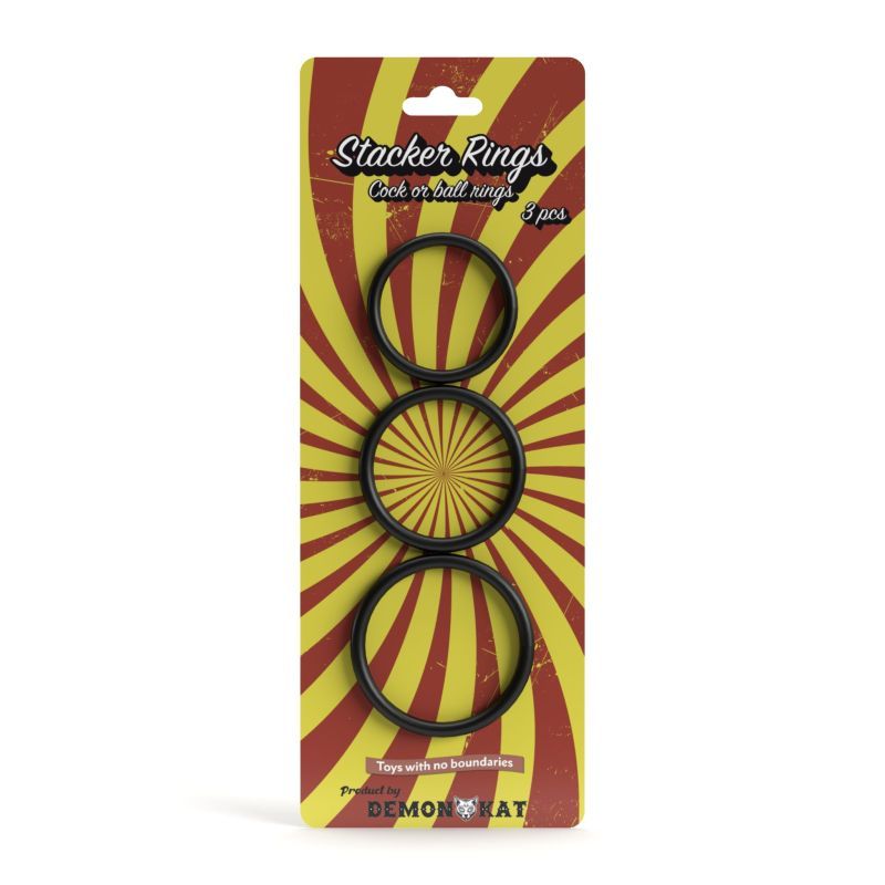 Stacker Rings 3 Pc Set packaging featuring three black rings, suitable for intimacy and pleasure.