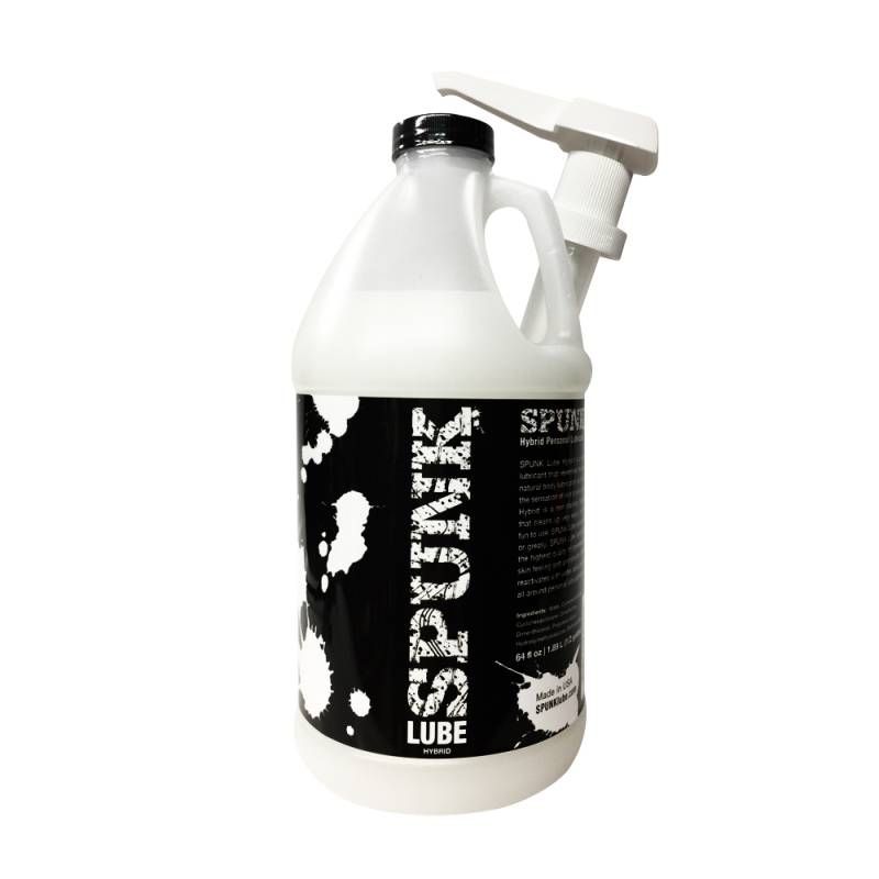 SPUNK Lube 64oz bottle featuring hybrid lubricant for sex toys, ideal for enhancing pleasure and comfort.
