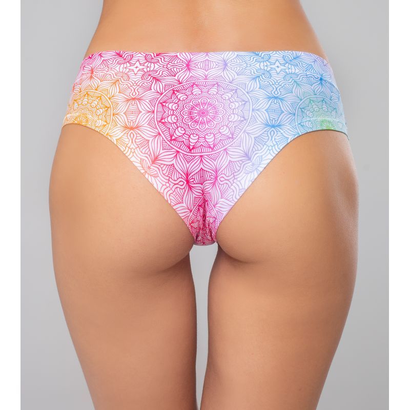 Colorful Mandala Happiness Thong showcasing a comfortable moisture-wicking thong design on a model.