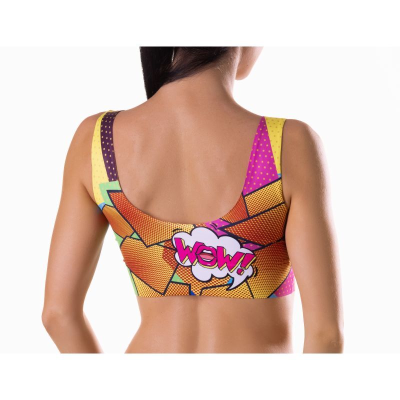 Colorful comics crop top lingerie featuring a bold graphic design with a back view and playful 'wow' print.