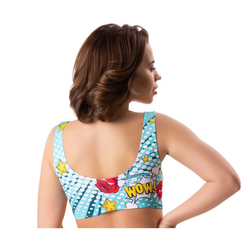 Back view of a woman wearing comics crop top lingerie with a vibrant comic print featuring 'WOW!'. Comfortable and stylish.