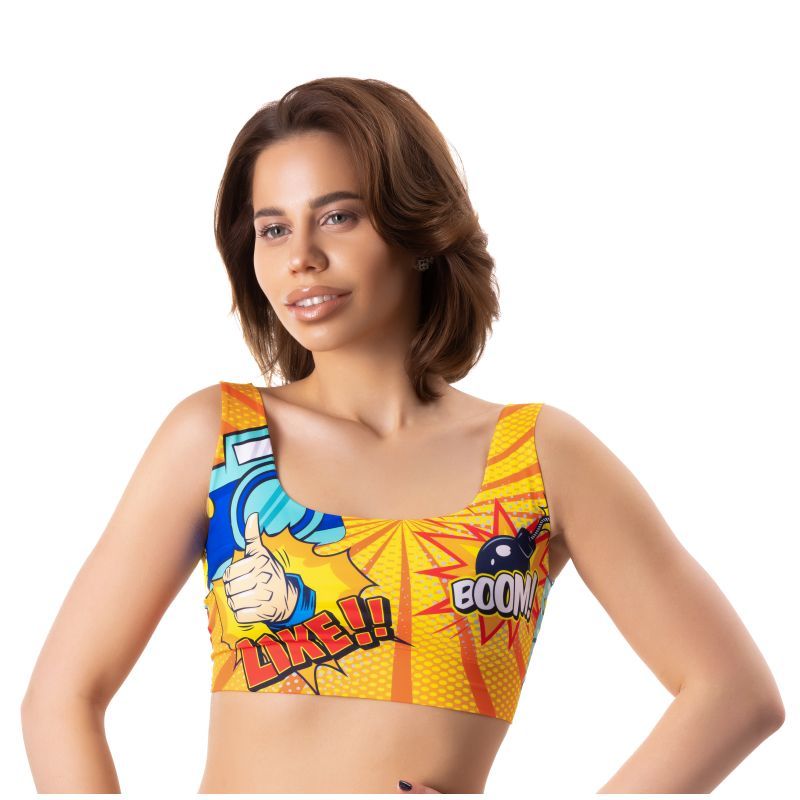Comfortable crop top lingerie featuring a bold comic book design in vibrant colors.