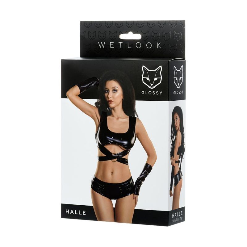 Glossy Wetlook 3 Pc Set Halle packaging featuring a model in shiny black top, gloves, and mini-shorts.