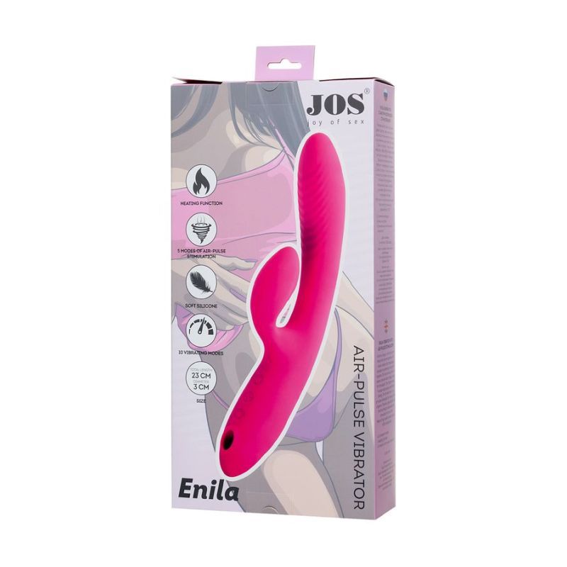 JOS Enila Dual Ended Stimulator packaging showcasing a pink dual ended vibrator for G-Spot and clitoral stimulation.