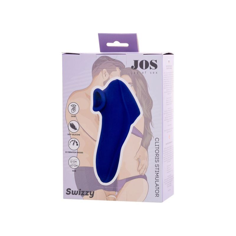 JOS Swizzy Clitoral Stimulator packaging featuring a blue toy design and couple illustration.