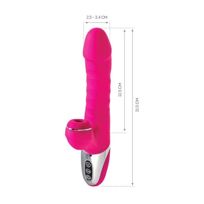 A pink JOS To-Frolly thrusting and sucking vibrator with detailed dimensions for enhanced intimate pleasure.