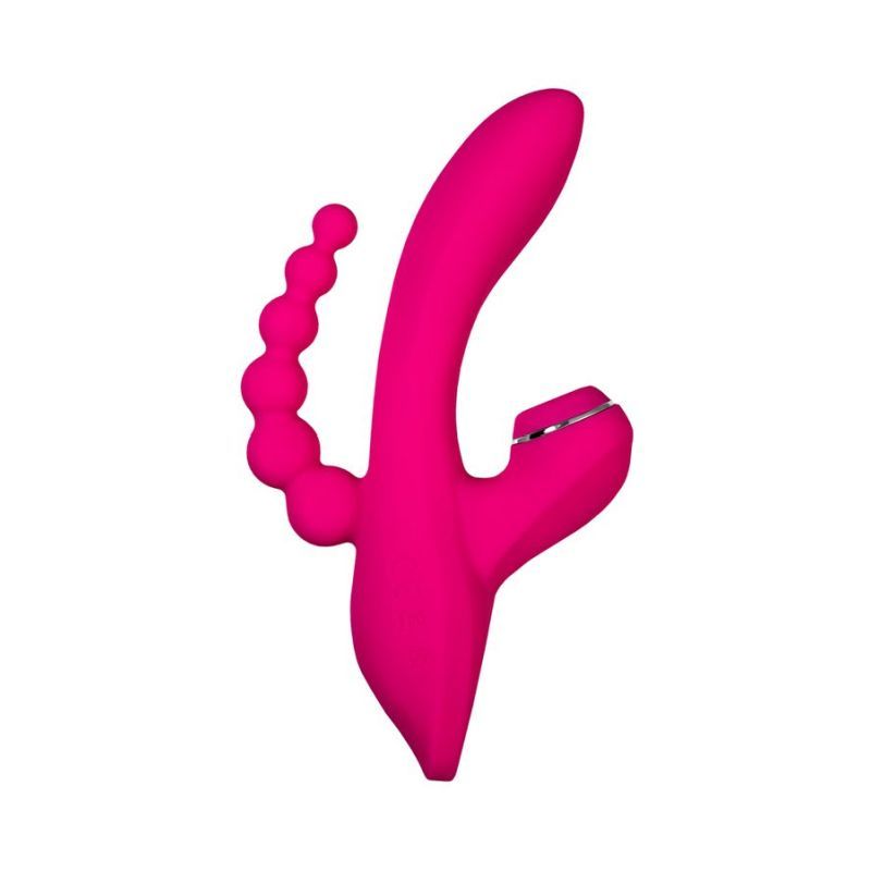 JOS Tripling Triple Stimulator with Anal Beads in pink silicone, featuring 3 air pulse modes and 7 vibrating modes.
