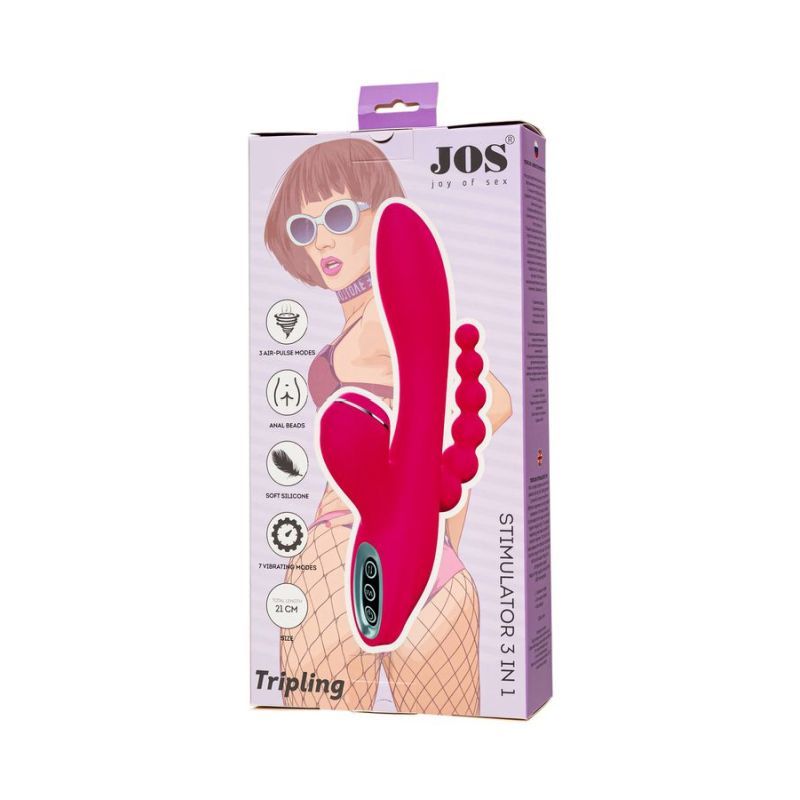 JOS Tripling Triple Stimulator with Anal Beads in pink packaging, showcasing features and design.