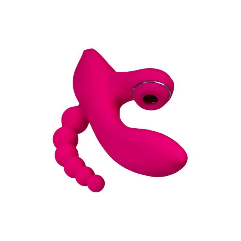 JOS Tripling Triple Stimulator with Anal Beads featuring 3 air pulse modes and 7 vibrating modes in a vibrant pink color.