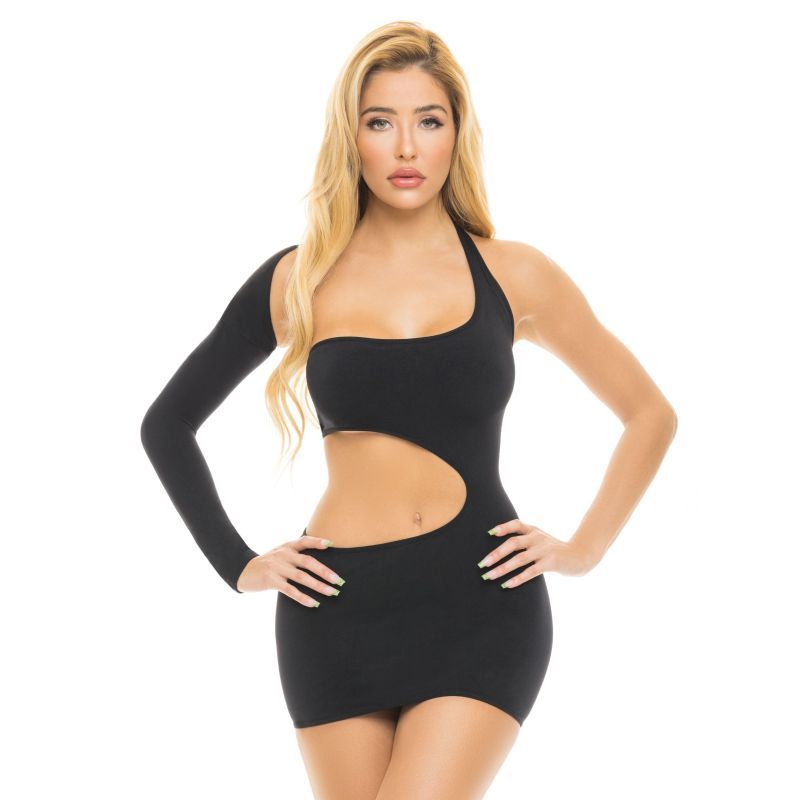 Model wearing a black cut out party dress with one long sleeve and mid-section cutout for a sexy night out.