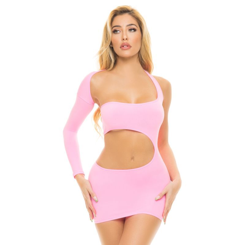 Model wearing a pink cut out party dress with one long sleeve, showcasing a trendy and sexy night-life look.
