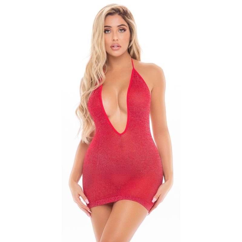 Red plunge halter dress with deep V-neckline showcasing a seductive silhouette.