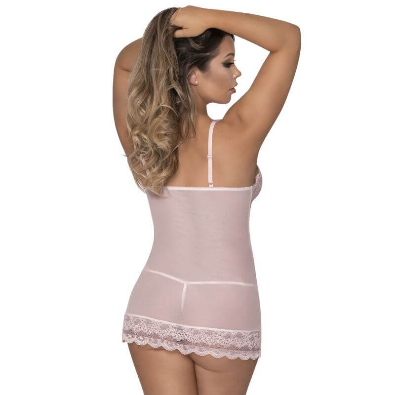 Lace chemise and g-string set featuring a delicate lace trim, adjustable straps, and flowy design in blush color.