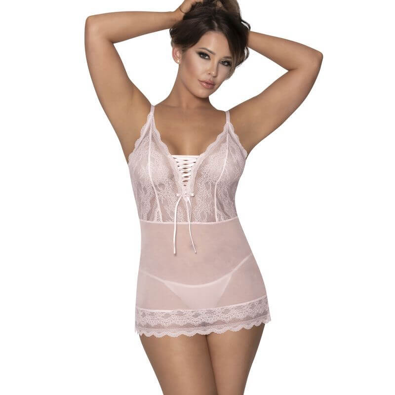 Lace Chemise and G-String Blush featuring delicate lace trim, adjustable straps, and functional lace-up detail for intimate essentials.