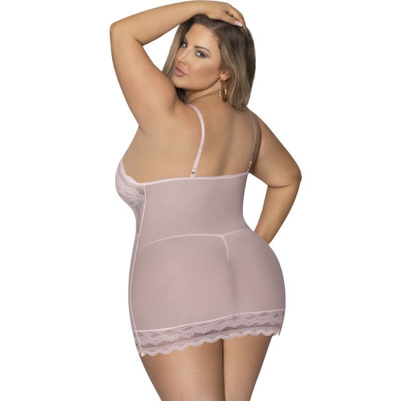 Lace chemise and g-string set in blush color featuring lace trim hem and adjustable straps.
