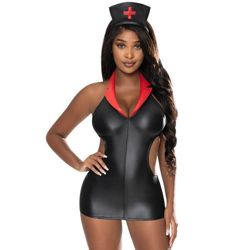 Night Nurse Costume featuring a black halter dress with red collars, side cutouts, and matching headband.