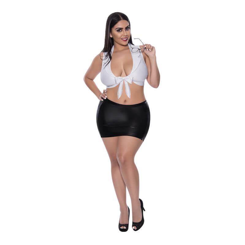 Sexy CEO Costume featuring a white halter top and black wet look skirt, perfect for intimate essentials for her.