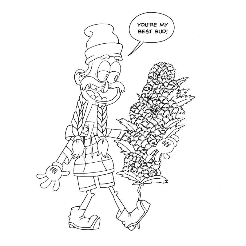 Funny illustration from a High AF adult coloring book for cannabis enthusiasts featuring a character with cannabis.