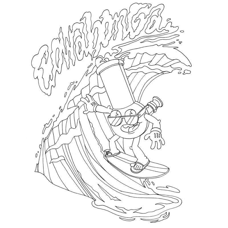 Fun adult coloring book illustration of a cannabis-themed character surfing a wave for an adult coloring book for cannabis enthusiasts.