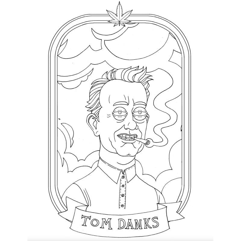 Illustration from High AF adult coloring book for cannabis enthusiasts featuring Tom Danks character.