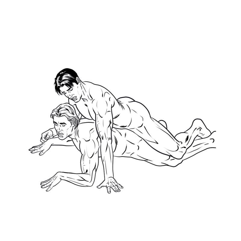 Illustration of two men in an intimate pose from The Gay Porn Colouring Book.