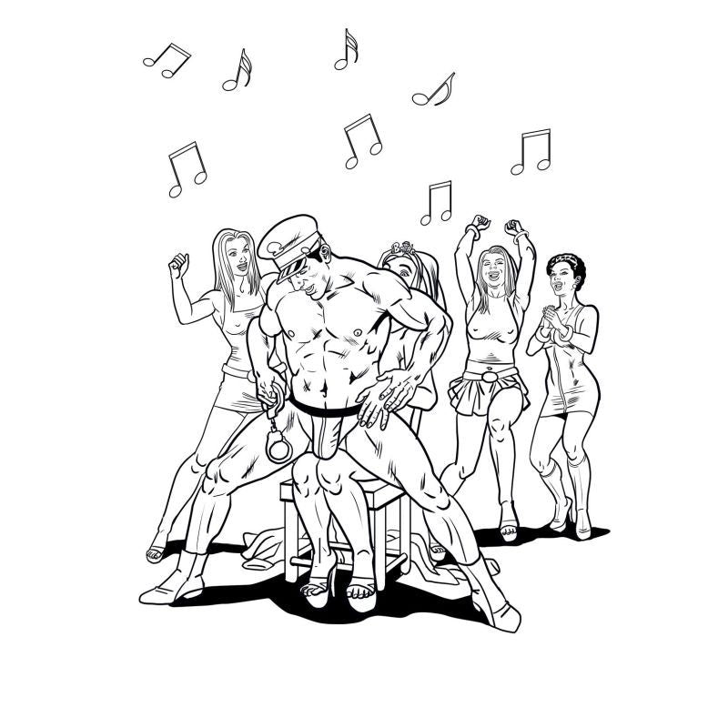 Bachelorette Party Colouring Book illustration of a male stripper and partygoers enjoying a fun night out.